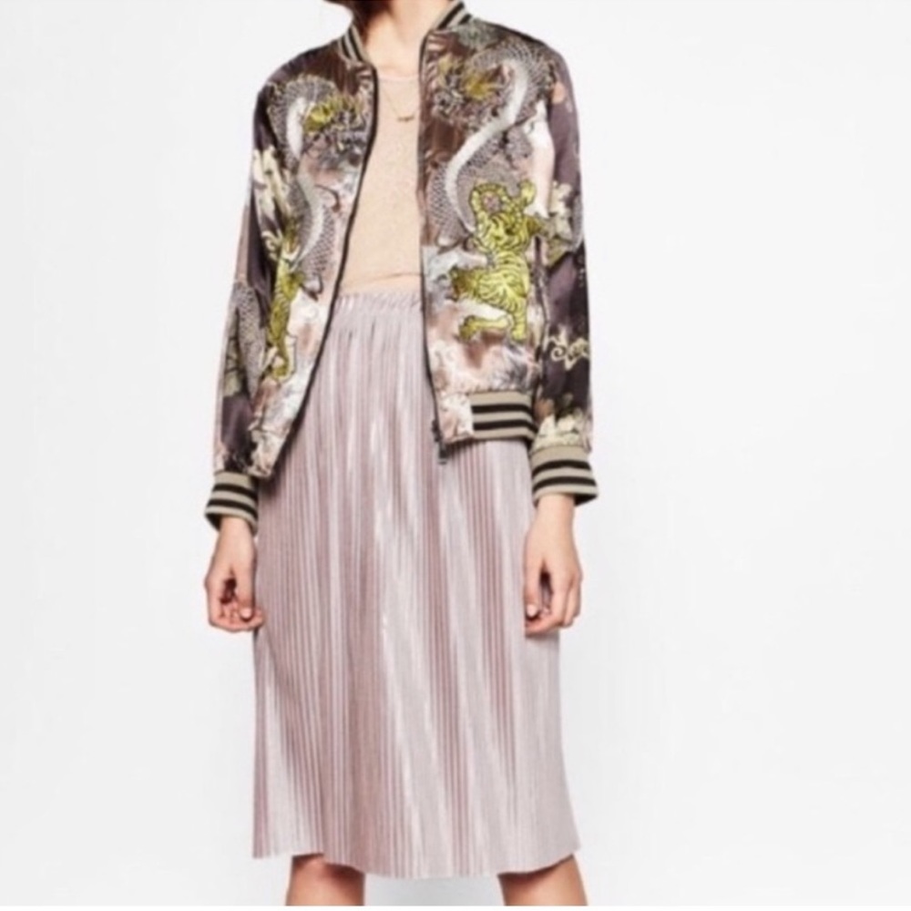 Zara Pleated Midi Skirt Light Purple Metallic Satin Stretchy Pull On Small
